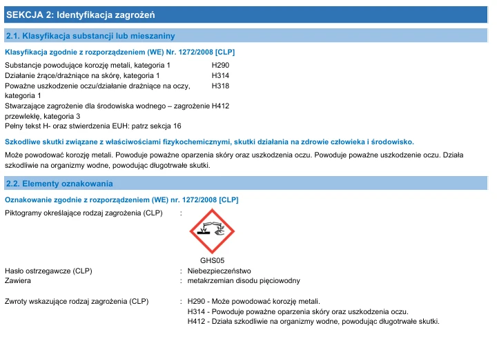 Karta charakterystyki TEFA Linia Nioski Egg Wash Powder – sekcja 2 z informacjami o zagrożeniach, bezpieczeństwie stosowania oraz piktogramami produktu