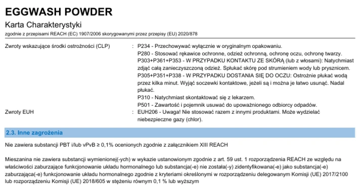 Karta charakterystyki TEFA Linia Nioski Egg Wash Powder – sekcja 2 z informacjami o zagrożeniach, bezpieczeństwie stosowania oraz piktogramami produktu