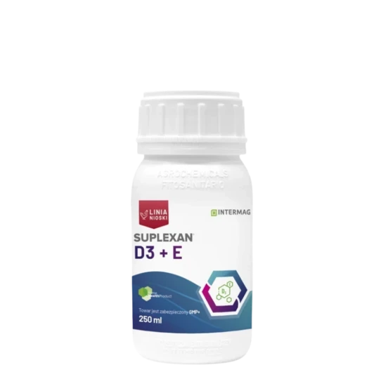SUPLEXAN D3 + E 250 ml dla kur, drobiu i ptaków ozdobnych, suplement witaminowy wspierający kondycję, odporność i rozród zwierząt.