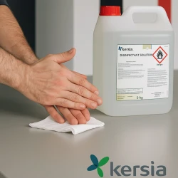 Męskie dłonie dezynfekujące ręce środkiem DISINFECTANT SOLUTION 5L – realistyczna butelka 5L obok, dezynfekcja rąk bez rękawiczek, higiena i ochrona przed wirusami i bakteriami.