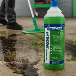 Tenzi SuperGreen Specjal NF 1 L – silny koncentrat do usuwania trudnych zabrudzeń przemysłowych, takich jak oleje i smary. Produkt przedstawiony na tle warsztatu samochodowego, z osobą czyszczącą zabrudzoną posadzkę przy użyciu maszyny czyszczącej