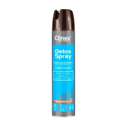 Clinex Delos Spray, preparat w aerozolu do pielęgnacji mebli drewnianych, laminowanych i fornirowanych o zapachu pomarańczy.