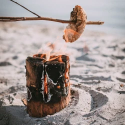 Szwedzki Ogień Woodson na piaszczystej plaży, używany do pieczenia chleba na patyku.