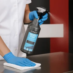 Osoba w profesjonalnym stroju i niebieskich rękawiczkach używa butelki Clinex Dezo Fast w sprayu do szybkiej dezynfekcji powierzchni.