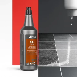 Butelka skoncentrowanego, kwaśnego preparatu Clinex M3 Acid, przeznaczonego do czyszczenia posadzek wodoodpornych i kwasoodpornych oraz pomieszczeń sanitarnych.