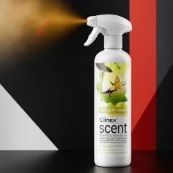 Butelka odświeżacza powietrza Clinex Scent Hawajska Wanilia, używana do rozpylania mgiełki w pomieszczeniu.