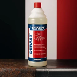 Butelka preparatu Tenzi Derast R do usuwania rdzy stoi na metalowym blacie, który w połowie jest zardzewiały, a w połowie idealnie czysty, co ilustruje skuteczność produktu.