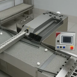 Na zdjęciu widoczna jest myjka OFFLINE LONG w oryginalnym wyglądzie, ustawiona w poprawionym otoczeniu hali produkcyjnej. Realistyczne kolory i oświetlenie podkreślają profesjonalne zastosowanie maszyny do mycia jaj.