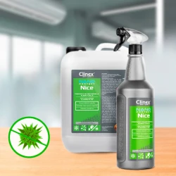 Butelka CLINEX Nano Protect Silver Nice 1L oraz baniak CLINEX Nano Protect Silver Nice 5L stoją obok siebie na tle klimatyzacji, a w lewym dolnym rogu widoczny jest przekreślony obrazek wirusa, co symbolizuje, że produkt jest dostępny w dwóch pojemno