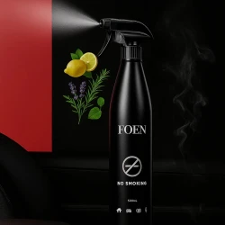 Butelka odświeżacza powietrza FOEN Nature 500ml jest używana do spryskiwania, a obok niej leżą cytryna i gałązka lawendy, co symbolizuje świeży, naturalny zapach produktu o nutach cytrusowych i kwiatowych.