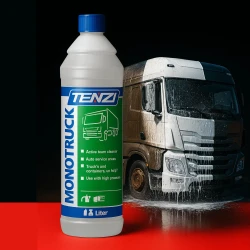 Butelka profesjonalnego preparatu do mycia ciężarówek TENZI Mono Truck o pojemności 1 litra stoi obok ciężarówki, która w połowie jest brudna, a w połowie czysta, co ilustruje skuteczność produktu w usuwaniu zanieczyszczeń.