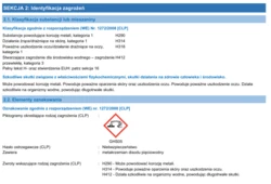 Karta charakterystyki TEFA Linia Nioski Egg Wash Powder – sekcja 2 z informacjami o zagrożeniach, bezpieczeństwie stosowania oraz piktogramami produktu