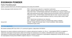 Karta charakterystyki TEFA Linia Nioski Egg Wash Powder – sekcja 2 z informacjami o zagrożeniach, bezpieczeństwie stosowania oraz piktogramami produktu
